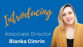 Picture of new Associate Director, blonde woman wearing yellow cardigan. Text says: Introducing Associate Director Bianka Cimrin.