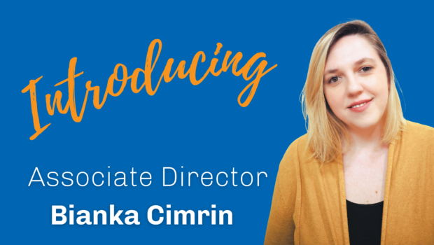 Picture of new Associate Director, blonde woman wearing yellow cardigan. Text says: Introducing Associate Director Bianka Cimrin.